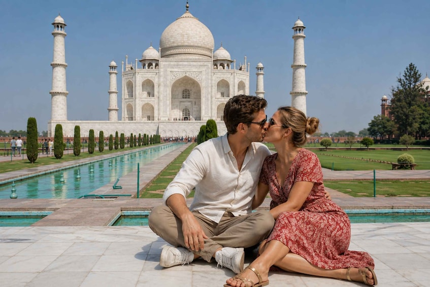 A couple sitting by a pool with the Taj Mahal in the background. 1