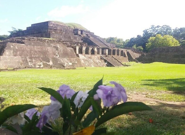 A large ancient pyramid with a staircase leading to its top, surrounded by a grassy area with purple flowers in the foreground. 1