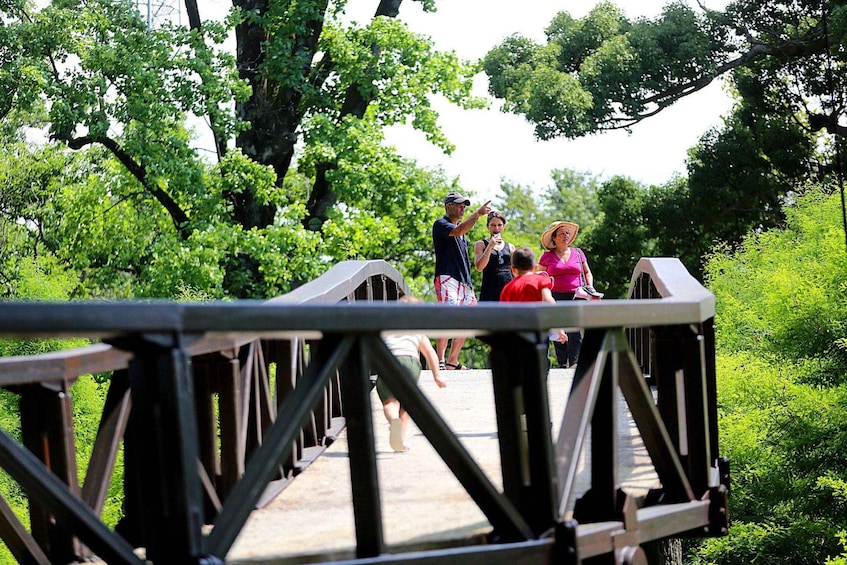 A wooden bridge in a park with people walking on it. 5