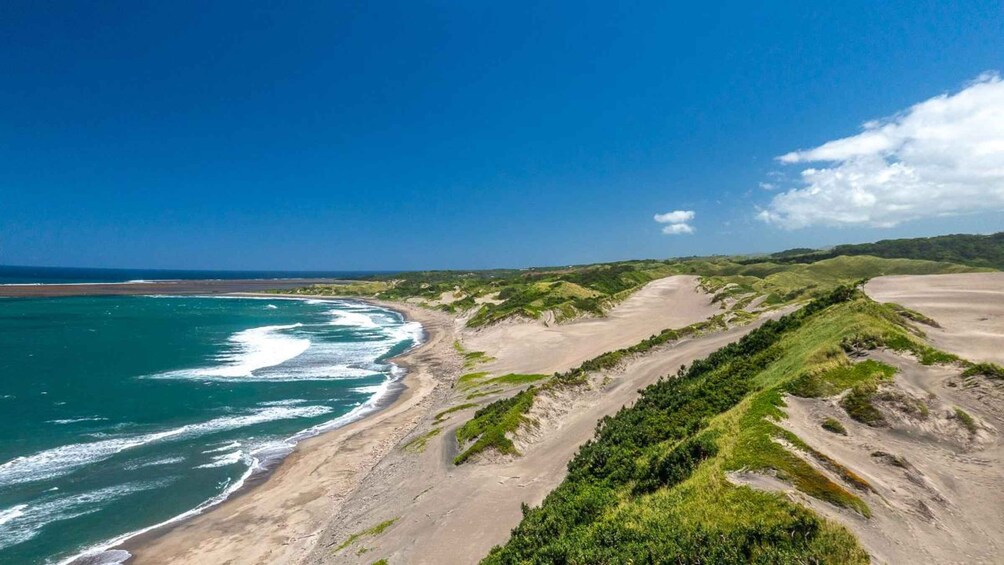 A coastal landscape with a sandy beach, green dunes, and the ocean. 1