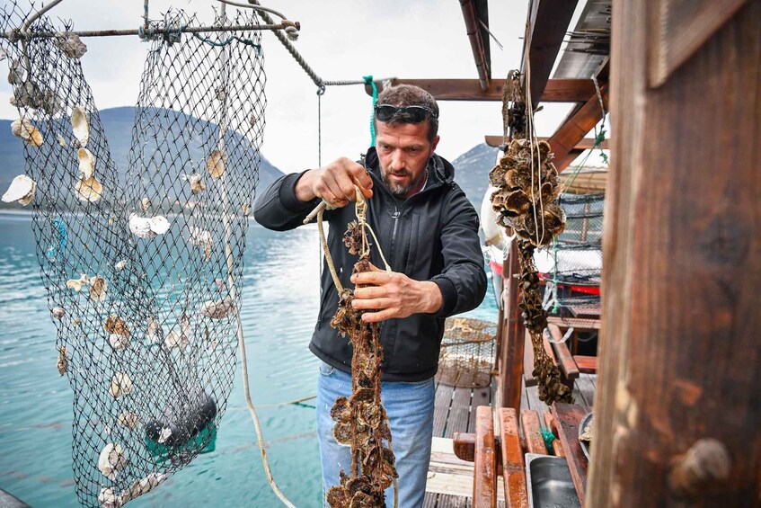 A person handling a fishing net with seaweed and shells on a wooden dock by the water. 4