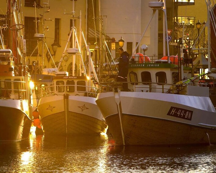 Boats docked at a harbor with a person standing on one. 5