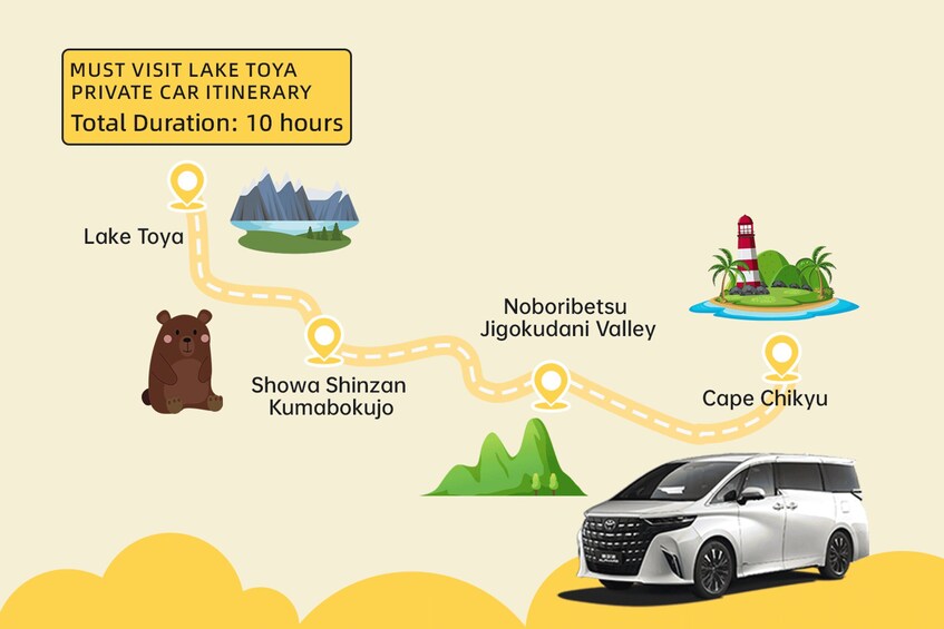 A private car itinerary for Lake Tohya with a total duration of 10 hours. 5