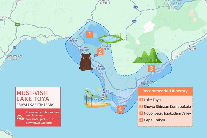 A travel map highlighting Lake Toya and recommended itineraries. 2