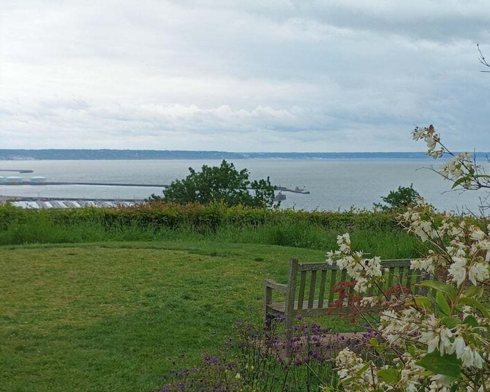 A grassy field with a bench, a body of water, and a distant ship. 5