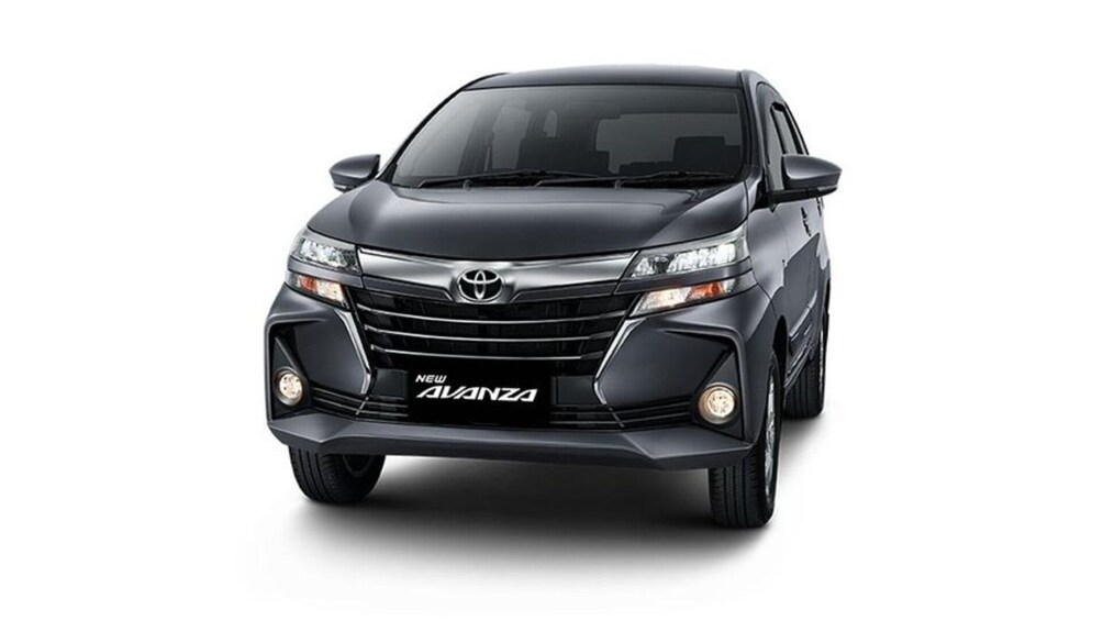 A black Toyota Avanza car with a front grille, headlights, and a license plate. 2