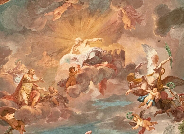 A fresco with cherubs, angels, and a radiant sun in a cloud-filled sky. 3