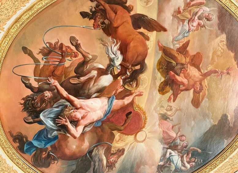 A fresco mural with a central figure being attacked by a horse and surrounded by other figures. 4
