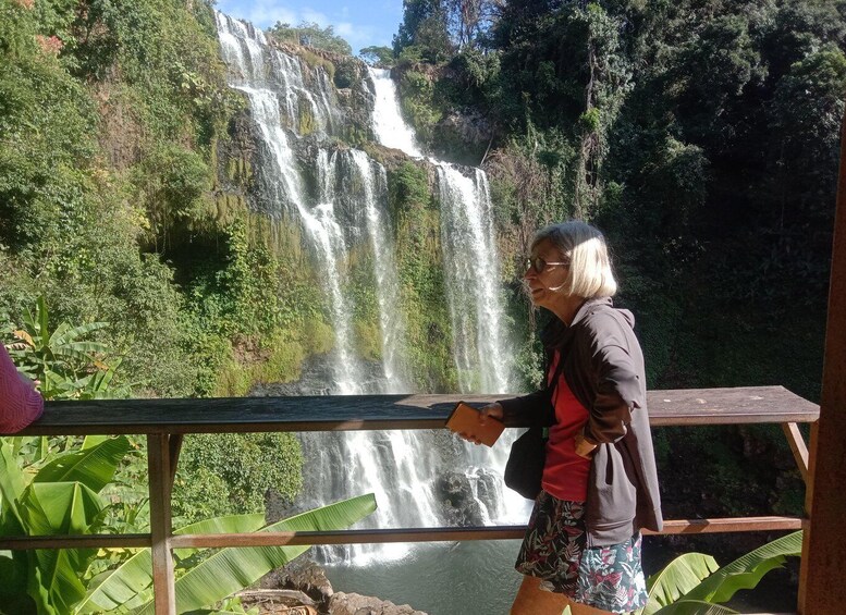 A person standing by a waterfall with lush greenery in the background. 3