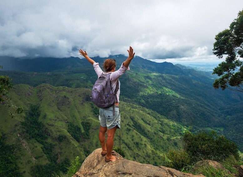 A person standing on a rock with arms raised, overlooking a mountainous landscape. 4