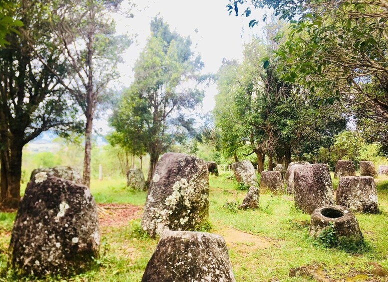 A cemetery with large stone headstones and trees. 2
