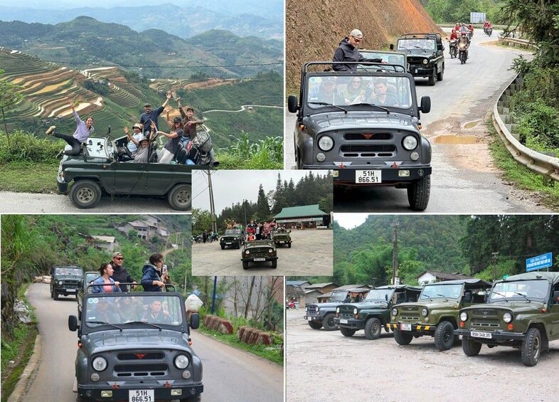 A convoy of military jeeps on a winding road through a hilly landscape with terraced fields. 2