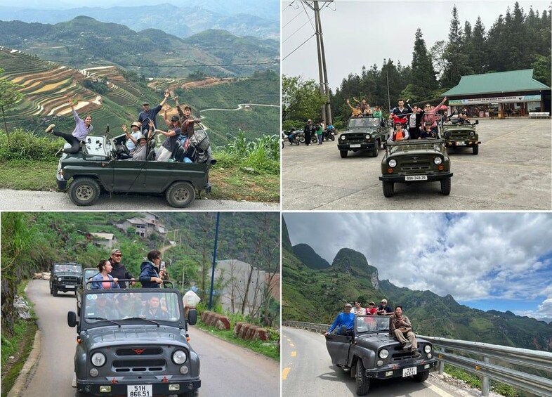 A group of people in a jeep on a road surrounded by green hills. 1