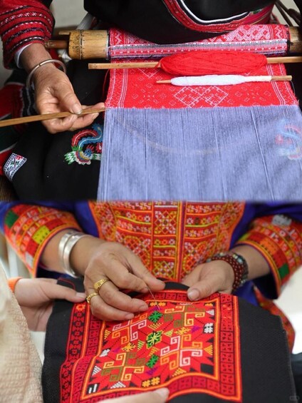 A person weaving with a traditional loom, colorful threads, and a patterned fabric. 3