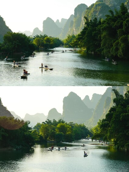 A river with boats and people, surrounded by lush greenery and limestone cliffs. 5