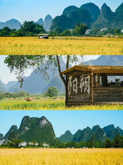 A rice field with a wooden structure labeled 'YANG SHUO' and a mountainous landscape in the background. 2