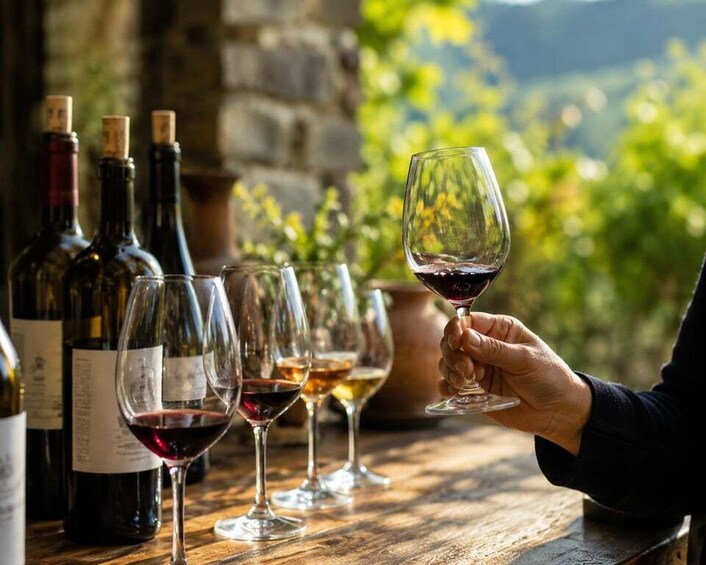 A person holding a wine glass with a vineyard in the background. 2
