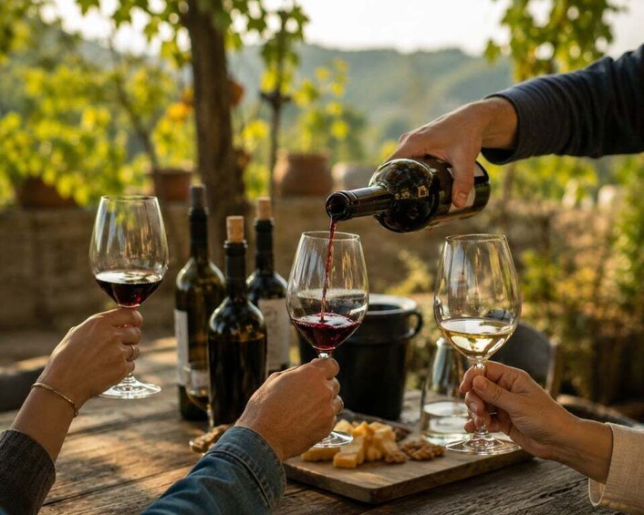 A person pouring wine into a glass, with other glasses and bottles on a table in an outdoor setting. 1