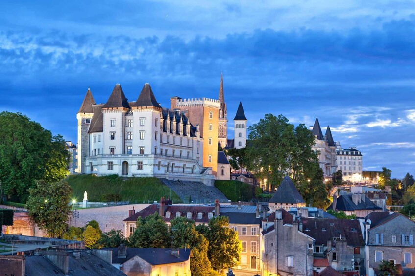 A historic castle with multiple towers and a moat, surrounded by a town with traditional architecture. 1