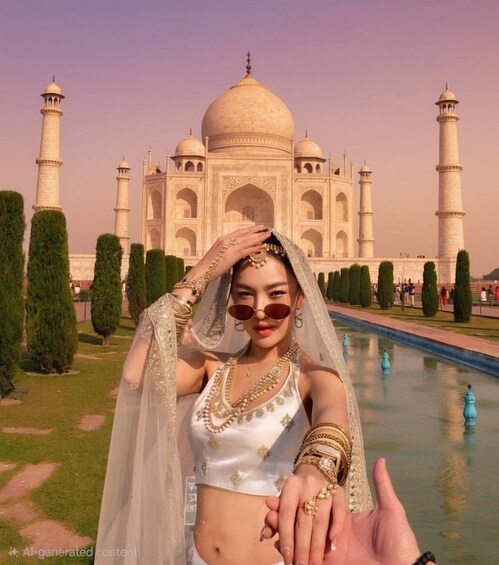A person in traditional attire holding hands with another person in front of the Taj Mahal. 2