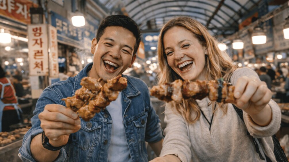 Two people holding skewers of food in a market. 1