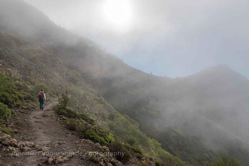 A hiker on a rocky mountain trail surrounded by mist and greenery. 3