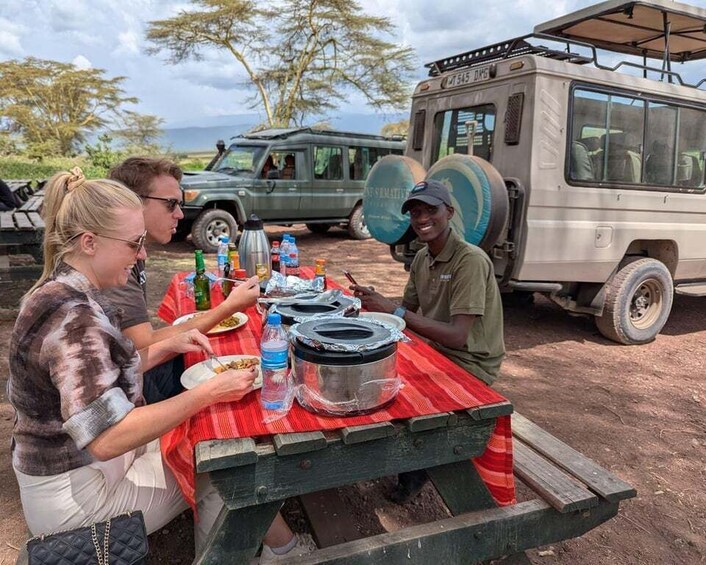 A group of people dining outdoors at a picnic table with a vehicle in the background. 2