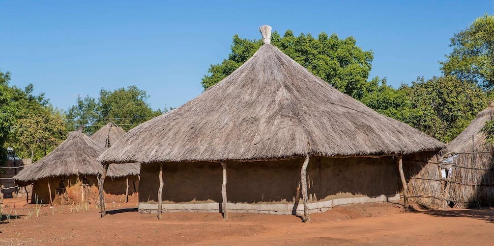 A rural village with thatched-roof huts and a dirt ground. 3