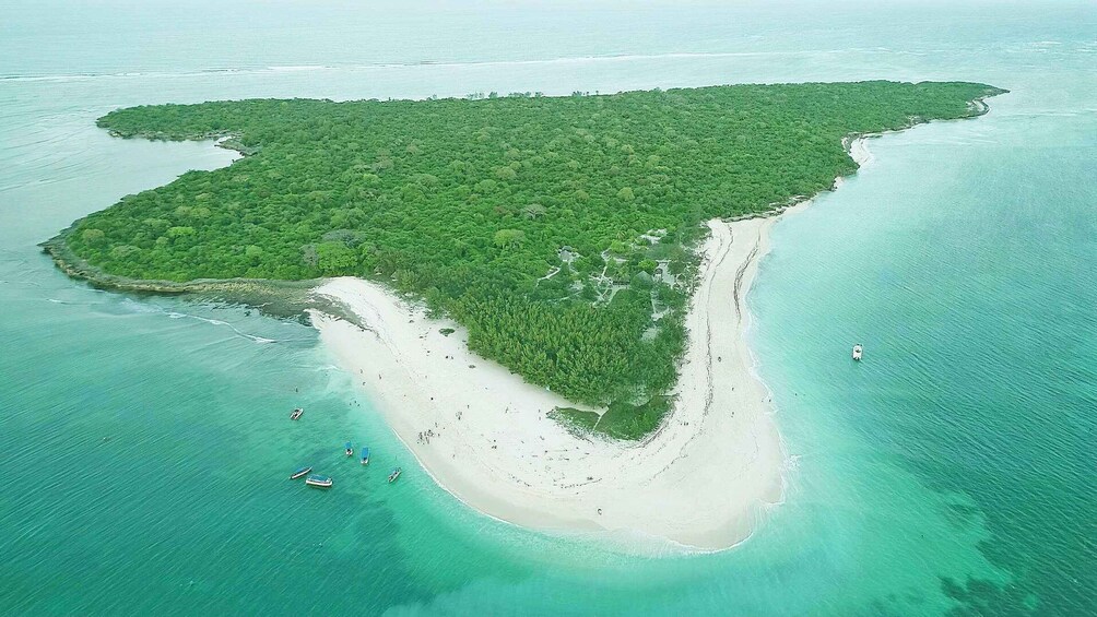 An aerial view of a tropical island with a large beach, dense green forest, and clear turquoise waters. 5