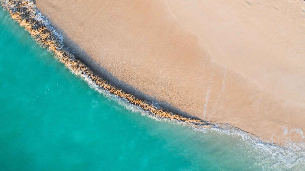 An aerial view of a beach with clear turquoise water and a sandy shore. 3
