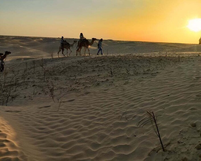 Un paysage désertique avec des dunes de sable et un coucher de soleil en arrière-plan. 5