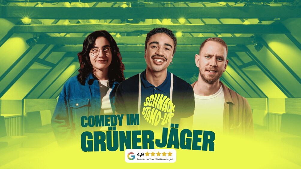 Three people in a green-lit venue with a stage, titled 'COMEDY IN GRÜNER JÄGER' and a 4.9 rating. 1