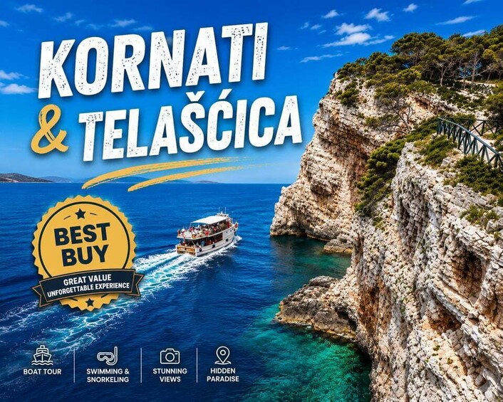 A boat tour in Kornati & Telacica with clear waters, rocky cliffs, and a boat with passengers. 1