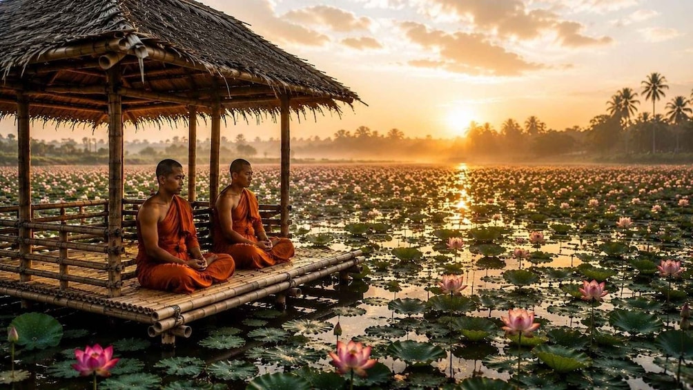 Two monks meditating on a bamboo platform over lotus ponds at sunset. 1