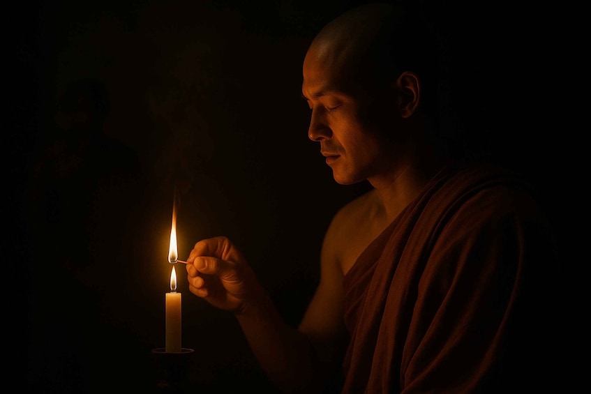 A person holding a lit candle. 3