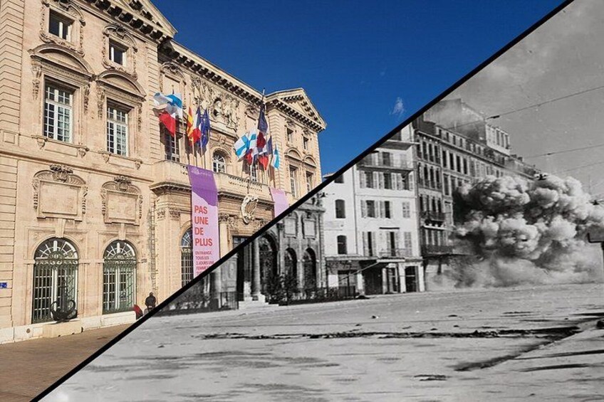 A building with flags, a street, and a smoke plume. 5