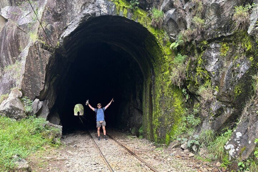 Iemand staat op spoorrails voor een tunnel, met begroeiing aan de zijkanten. 3