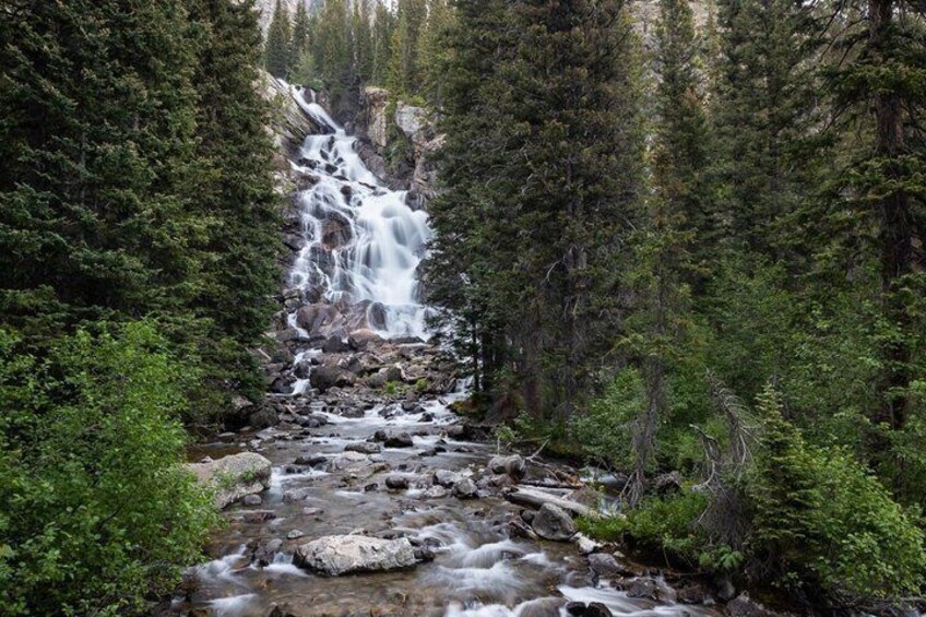 A waterfall cascading through a forested valley. 4
