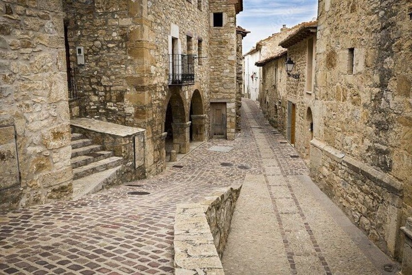 A narrow cobblestone street flanked by stone buildings with arched doorways and windows. 4