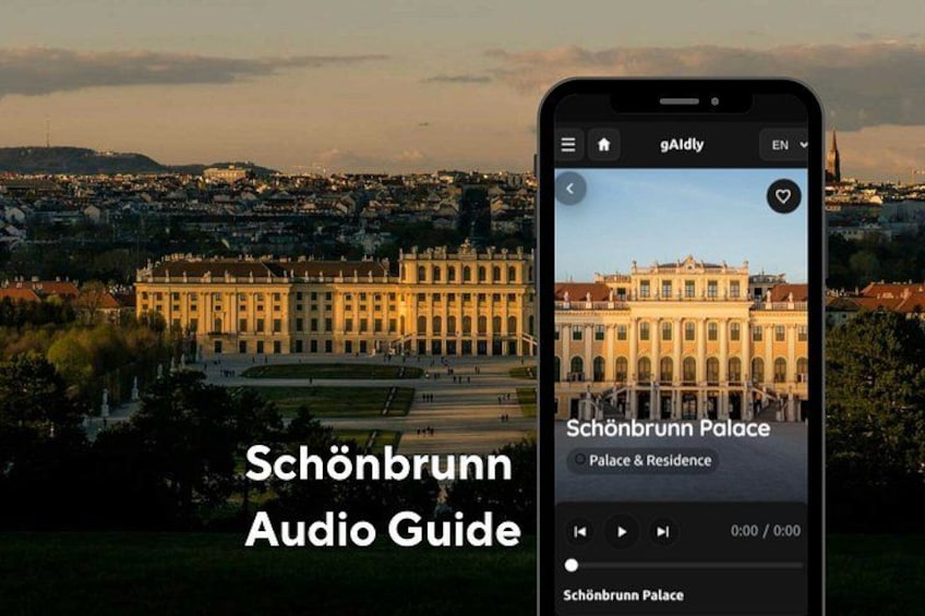 A smartphone displaying the Schönbrunn Palace with an audio guide interface. 1