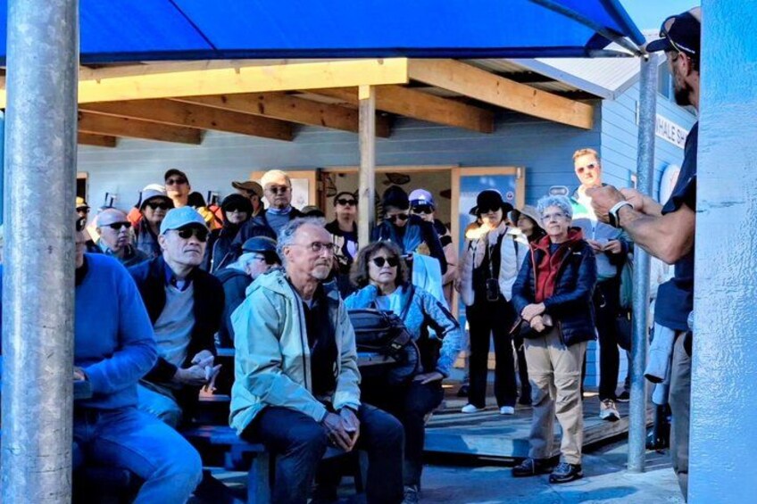 Un gruppo di persone riunite sotto una tenda blu, alcune sedute su panchine e altre in piedi. 5