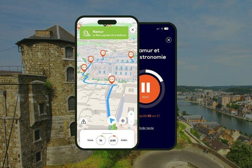 A smartphone displaying a map with a location marker, a cityscape with a river, and a historic building. 1