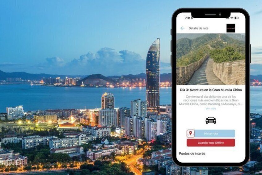 A smartphone displaying a travel app with a cityscape background. 3