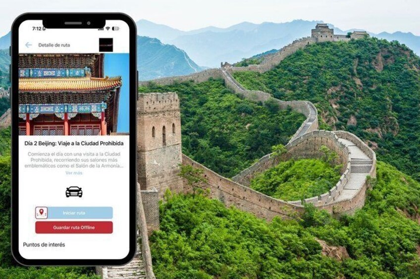 A smartphone displaying a travel app with a photo of the Great Wall of China. 1
