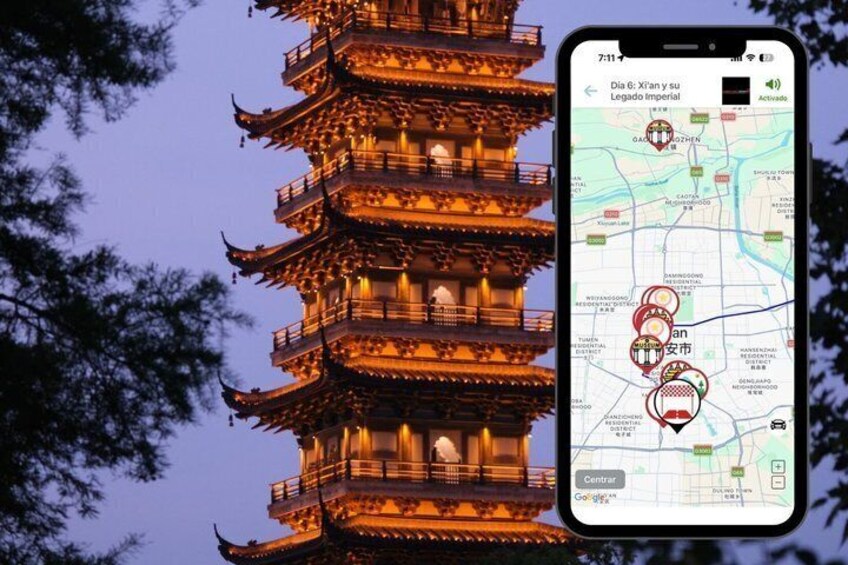 A pagoda with a smartphone displaying a map with location markers. 5