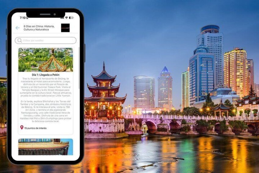 A smartphone displaying a travel guide for Beijing, highlighting the Old Summer Palace Park and the Temple of Heaven. 2