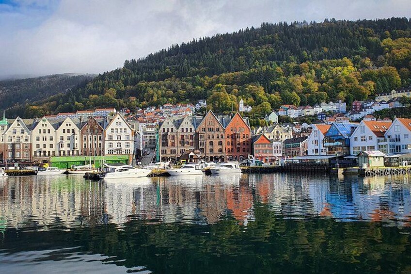 A harbor with traditional buildings, boats, and a forested hill in the background. 3