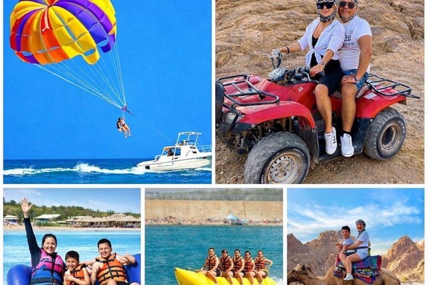 Actividad de parasailing, un barco, un ATV rojo, gente en una balsa y un paisaje rocoso. 1