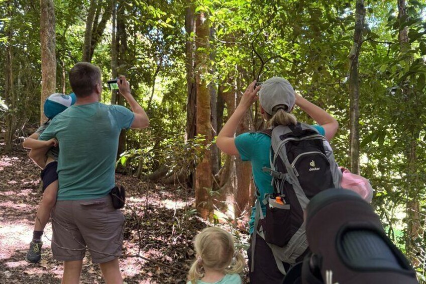 A group of people hiking in a forested area. 3