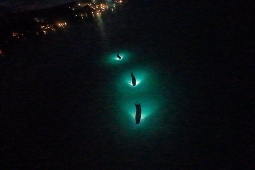 Eine dunkle Nachtszene mit drei beleuchteten Booten auf dem Wasser. 2